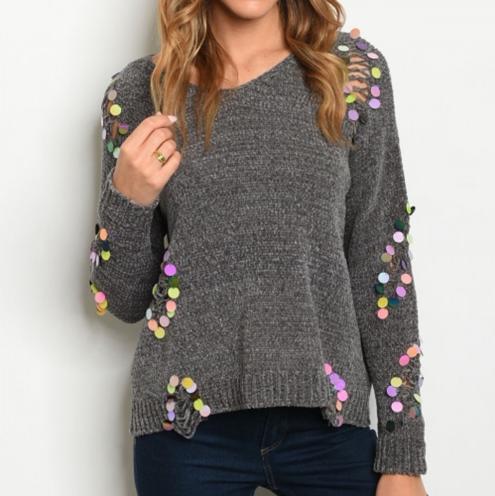 Charcoal Gray Sequin Distressed Sweater Embellished Knit S/M M/L - Picture 5 of 7